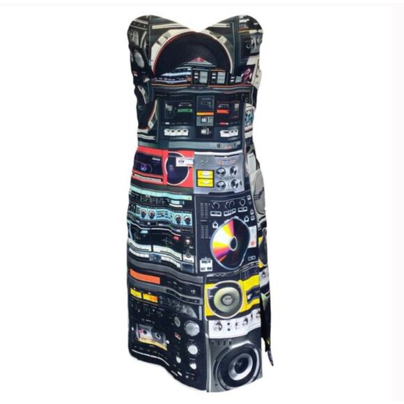 New NWT Moschino Couture Stereo Print Strapless Dress Size 8 Multicolor - Picture 2 of 16